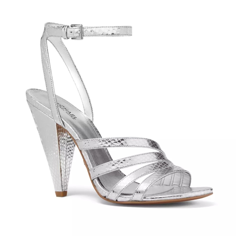 Kimmy Crocodile-Embossed Metallic Leather Ankle-Strap Sandals